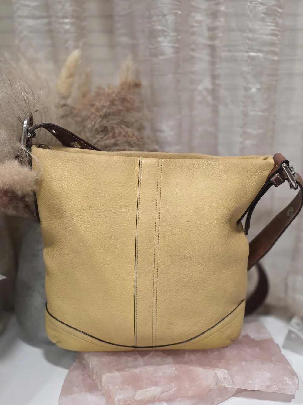 Coach Signature Canvas Satchel in Brown with Yellow Trim 4 PC BUNDLE